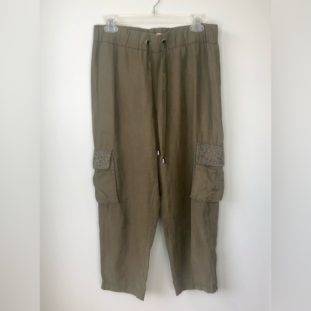 Alice + Olivia Anders Green Ankle Zip Embellished Cargo Pants Drawstring Size 6